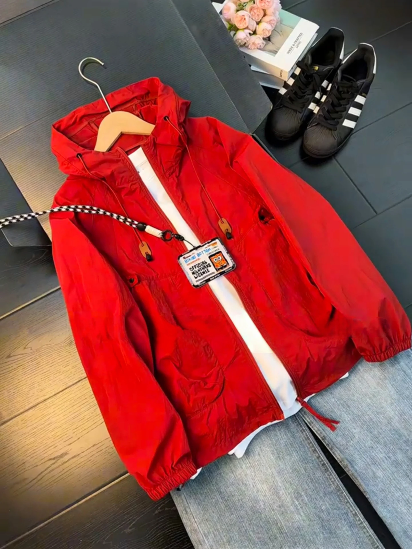 Red Lightweight Breathable Quick Dry Men's Summer Anti UV Lightweight Jacket Durable Water Repellent Polyester Hooded Zipper