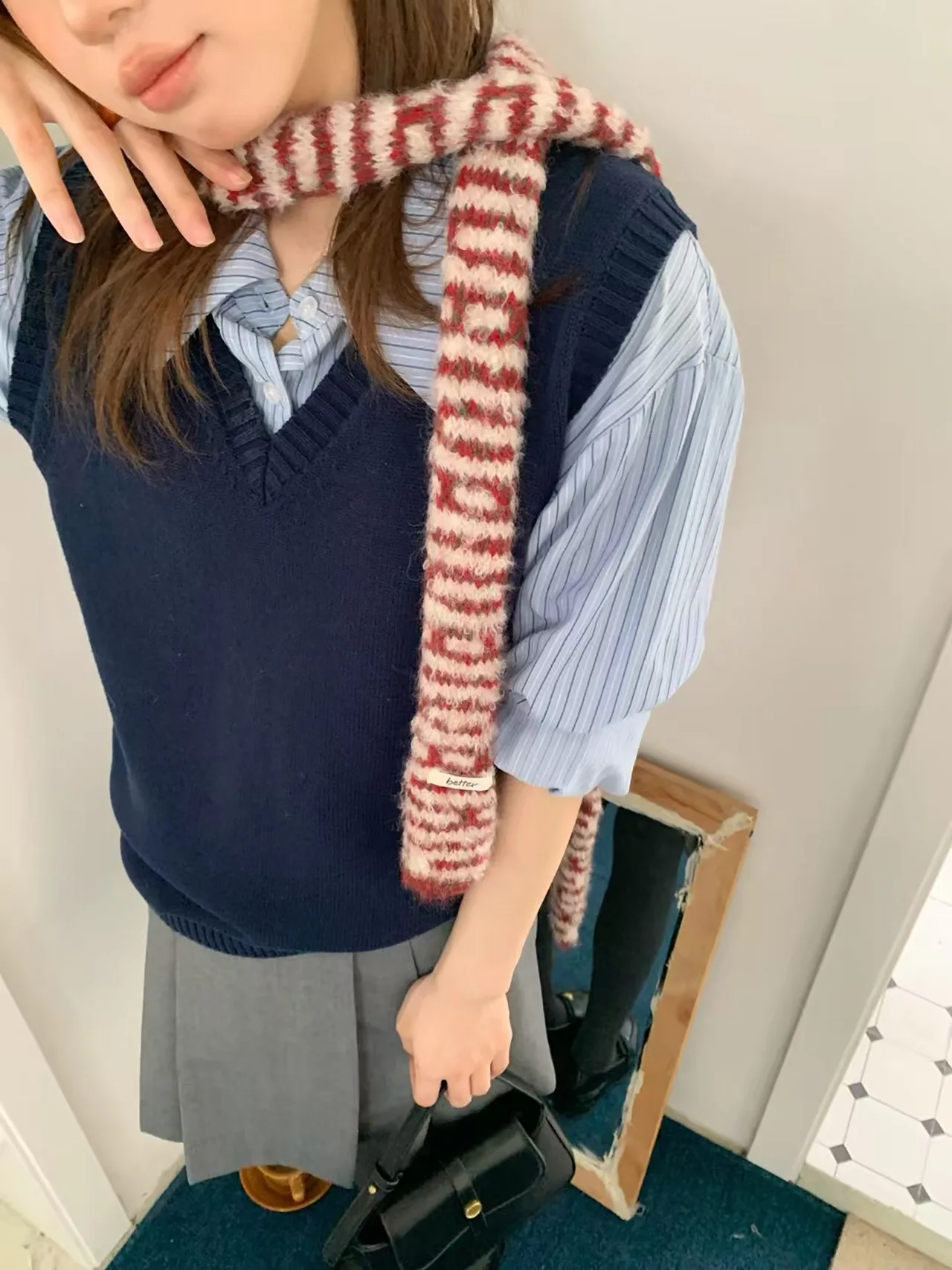 Koreanische Mode Kontrast-Streifen Plüsch-Strickschals für Damen Herbst Winter Reise Warm Vielseitig Schmaler Schal – Detail 10