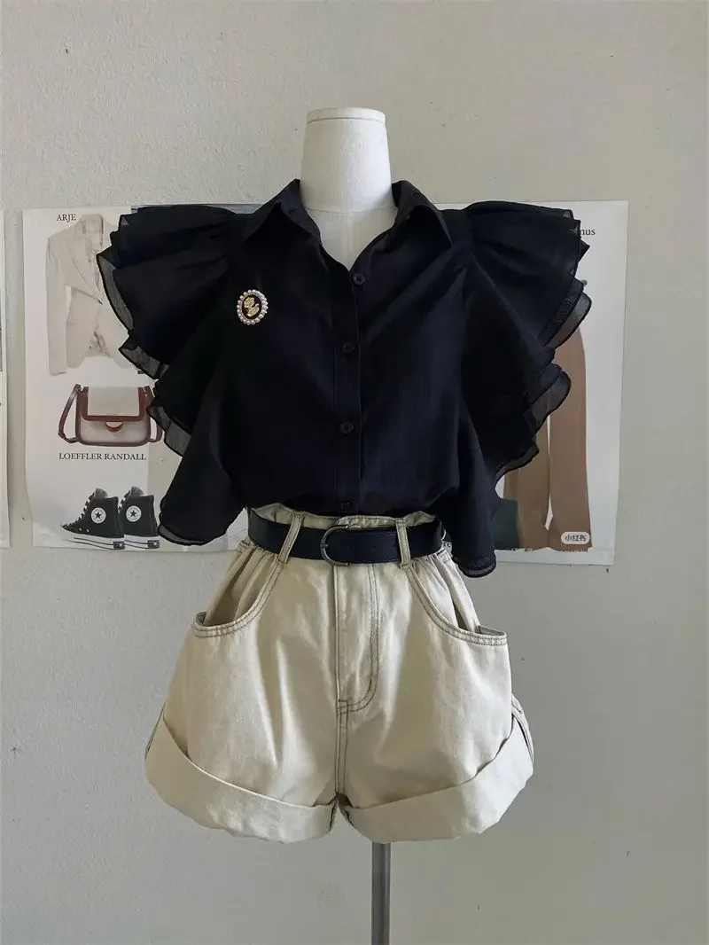 

2025 Summer High-end Advanced Temperature Simple Designed Pure Watersis Short Sleeve Top + Shorts 2 Piece Sets Womens Outfits