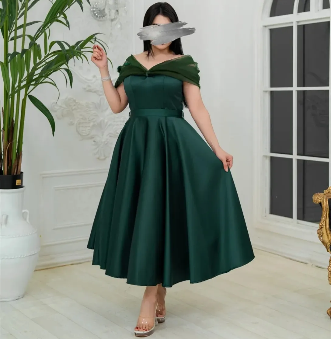 

Customized Short Green Satin Evening Dresses with Pockets A-Line Off Shoulder Tulle Ankle Length Wedding Guest Dress for Women
