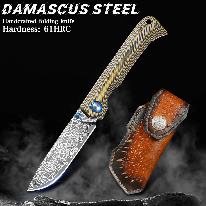 

Damascus steel folding knife, unisex EDC knife, ideal for outdoor camping, exploration and survival use pocket knife