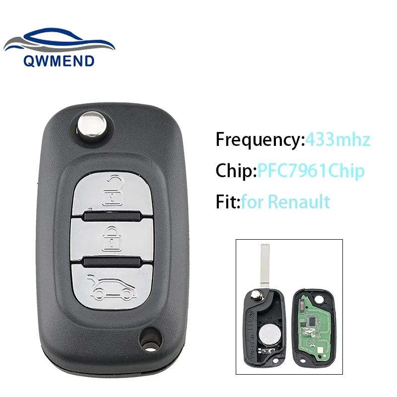 3 Buttons Remote Car Key for Renault Megane III 3 / Scenic III 3 / Fluence 2009-2015 Smart Flip Key for Car PFC7961 Chip 433mhz