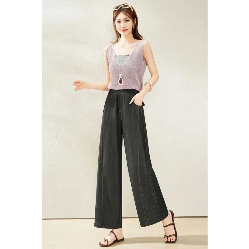 Women High Waist Glitter Thin Denim Loose Nine Point Wide Leg Casual Pants