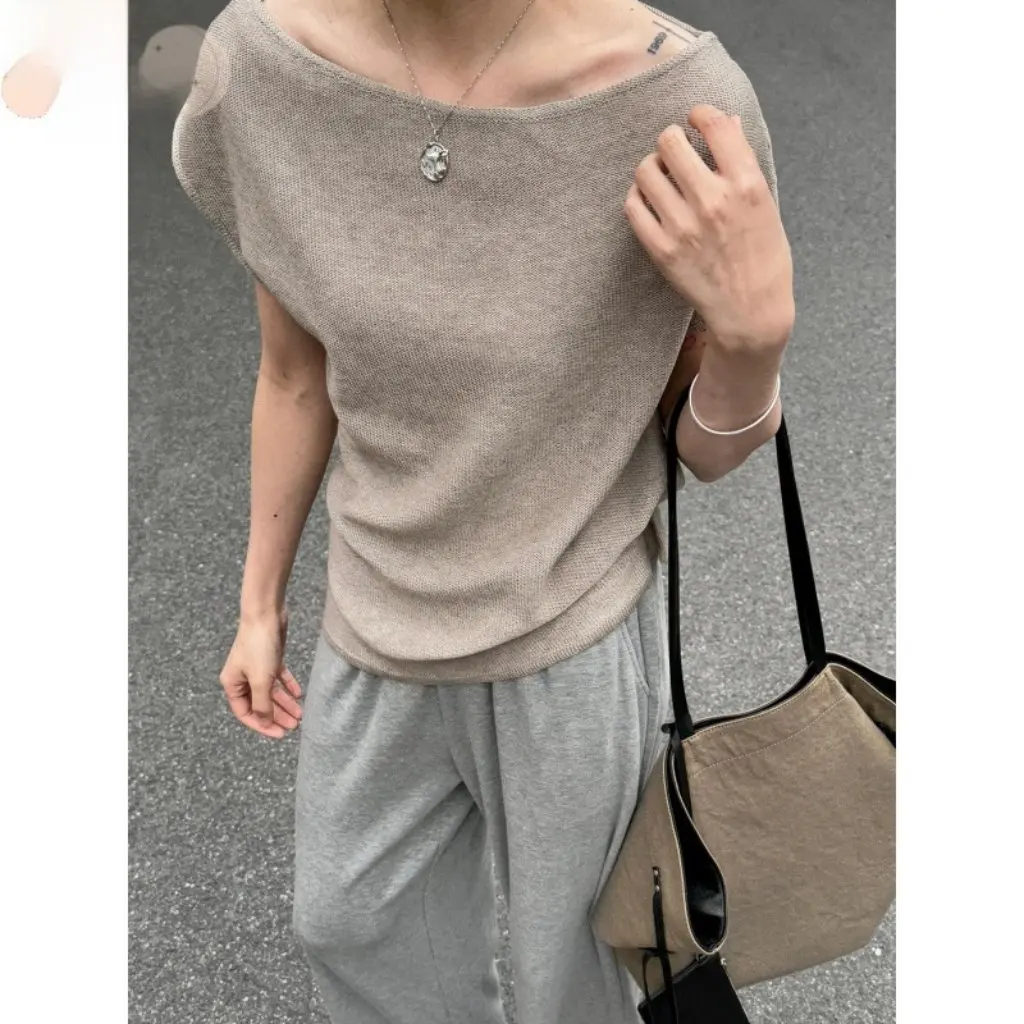 

Summer Khaki Women's Off-Shoulder Top Wool Linen Blend Two-Way Short-Sleeve with Flutter Sleeves for Casual Wear