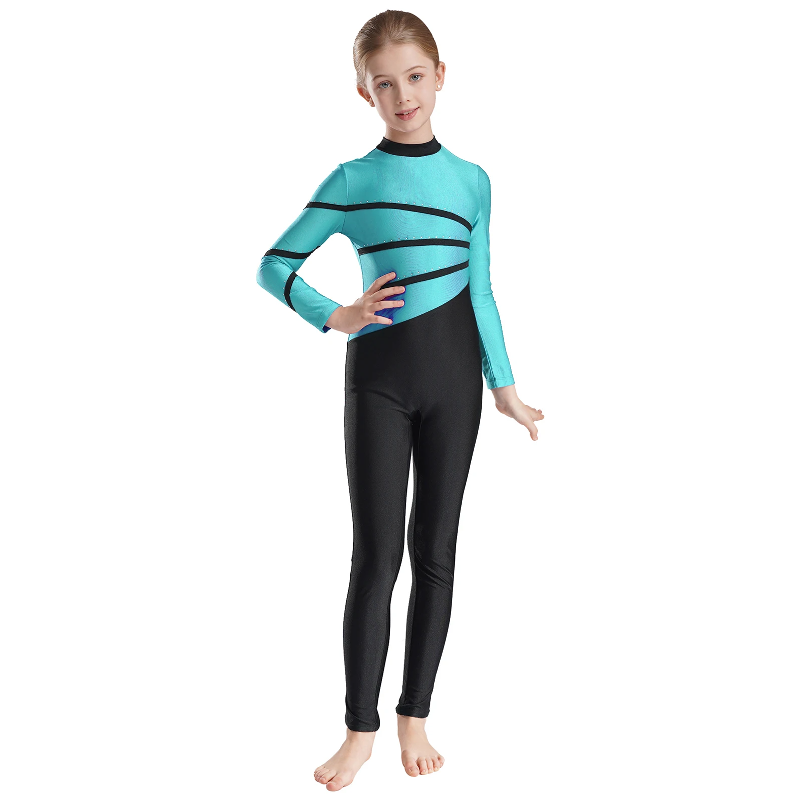 Children\'s Gymnastics Leotard Kids Girls Contrast Color Dance Jumpsuit Long Sleeve Figure Skating Bodysuit for Competition