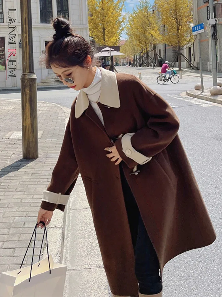 

LANMREM High End Contrasting Color Korean Woolen Coat Long Sleeves Loose Mid Length Coats Female Fashion Streetwear 2DB1200