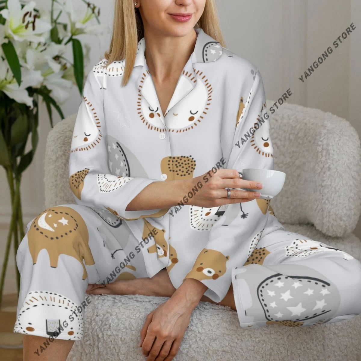 Women Sleepwear Loungewear Lion Elephant Bear Sun Moon Long Sleeve Lapel Neck Shirt and Elastic Waist Pants Pajamas Set