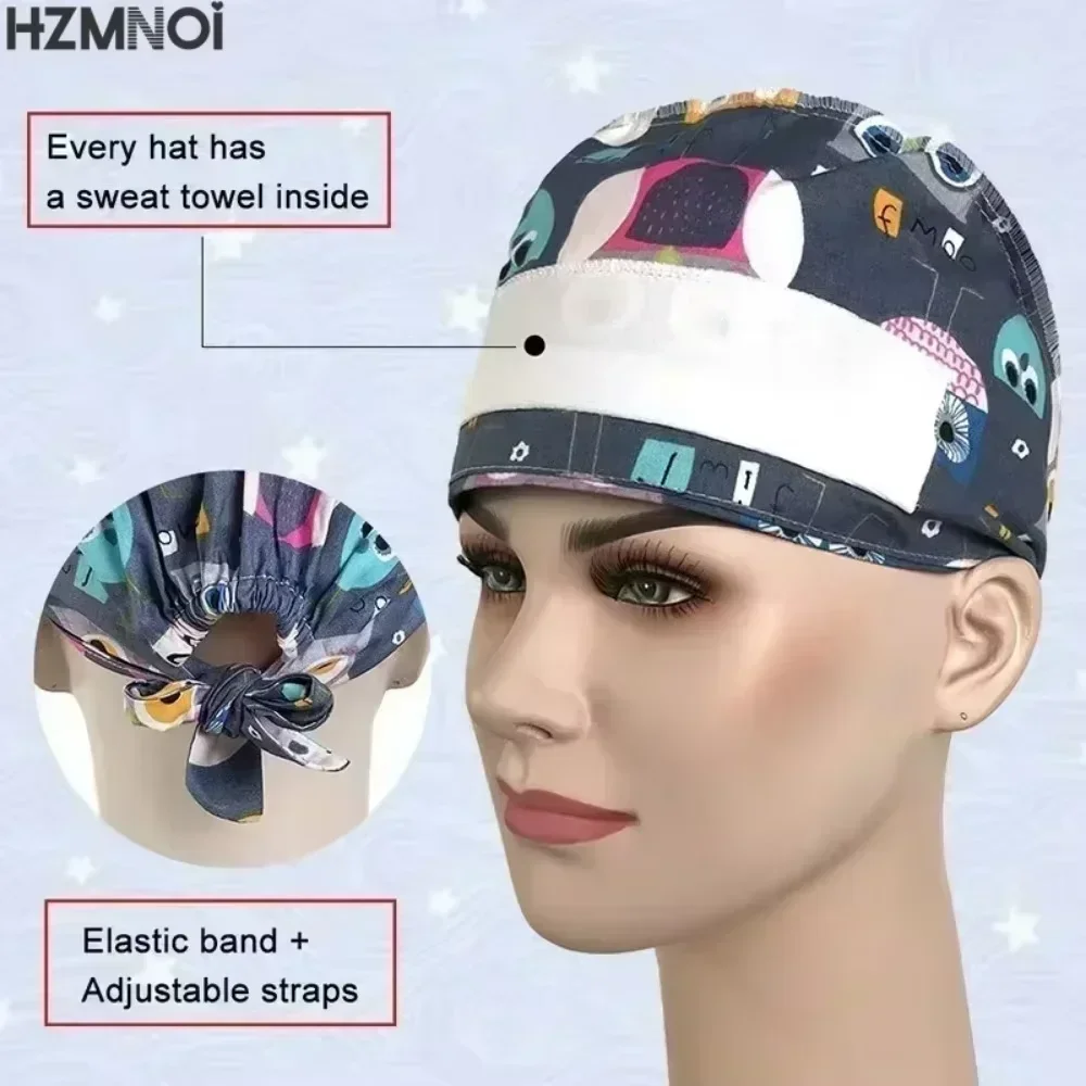 HZMNOI 100% Cotton Surgical Caps Printed Tieback Elastic Section Nurse Scrub Cap for Men Women Hospital Medical Hats New Arrival - Image 2