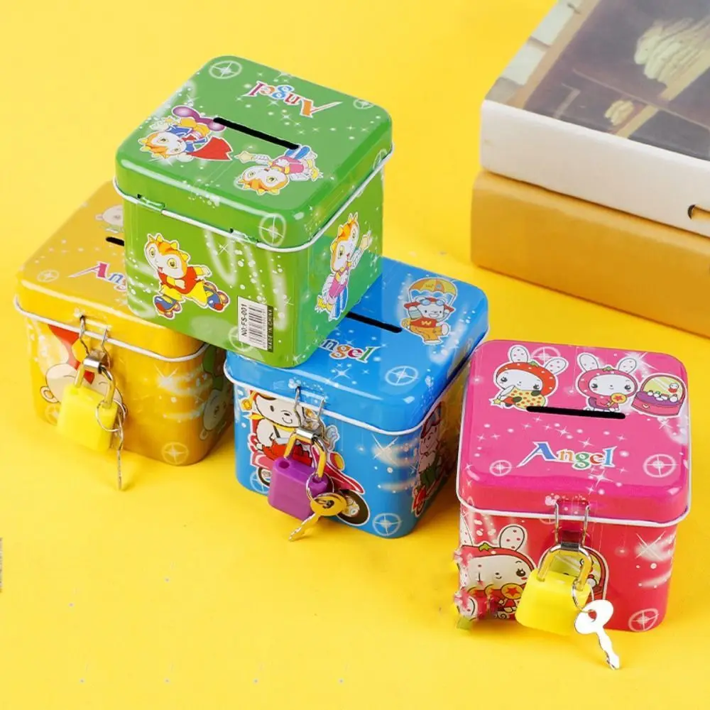

With Lock and Key Tinplate Piggy Bank High Capacity Cartoon Print Design Coin Savings Box Iron Art Cute Kids Storage Jar