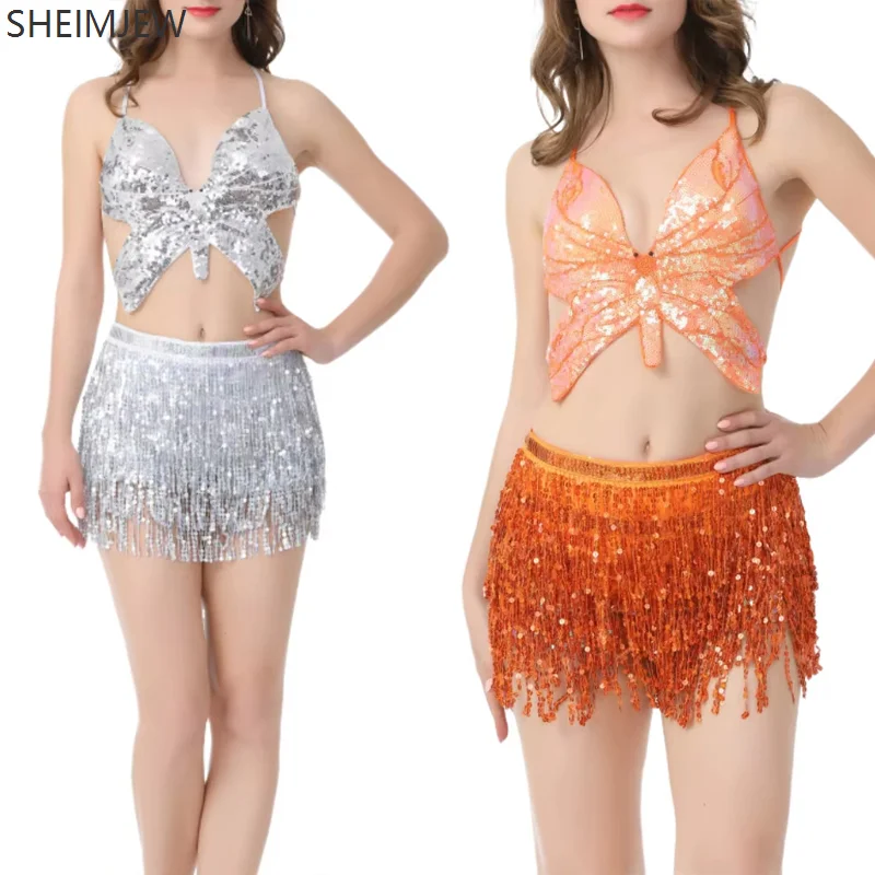 

Women Sexy Sequin Belly Dance Costume Tassel Stripe Gathered Bra Short Skirt Jazz Pole Dance Suits Carnival Party Stage Dress Up