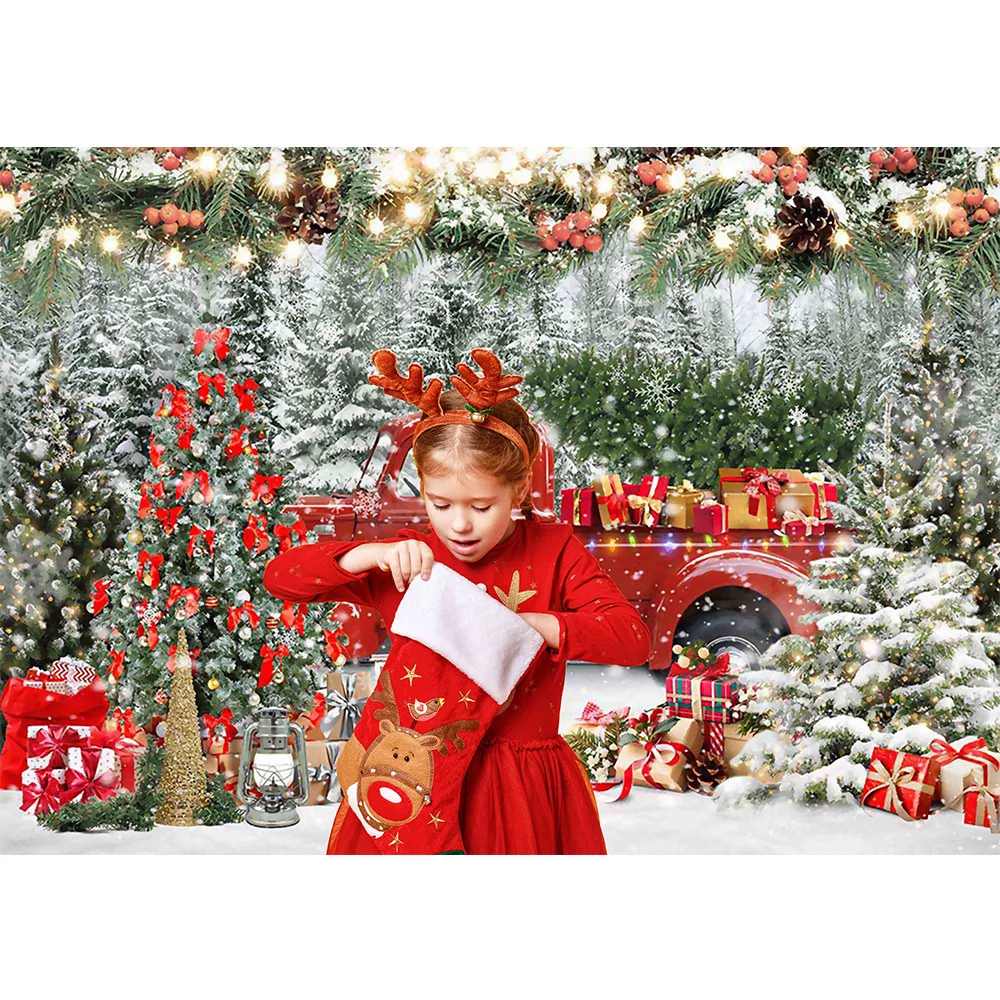 عيد الميلاد شاحنة حمراء خلفية الشتاء الثلجي شجرة عيد الميلاد الغابات عيد ميلاد صورة خلفية هدية للأطفال الكبار صورة استوديو التصوير الفوتوغرافي
