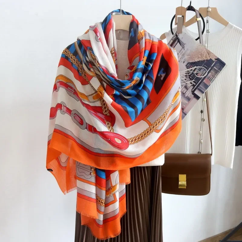 

High-end Elegant Women Exquisite Harness Belt Print Quality Fine Water Soluble Wool Handmade Fringe Soft Warm Long Scarf Shawl