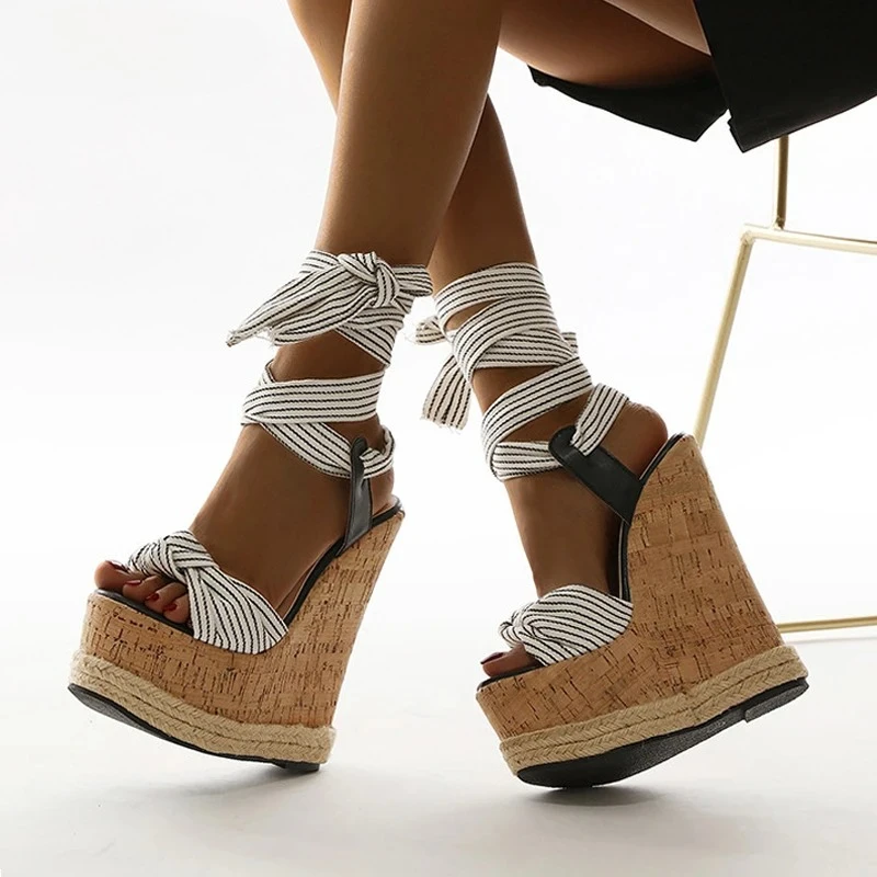 Women's Stripe Fabric Wrap Around Wedge Sandals, Cork Platform Ankle Tie Espadrille Heels, Open Toe Summer Beach Vacation Shoes