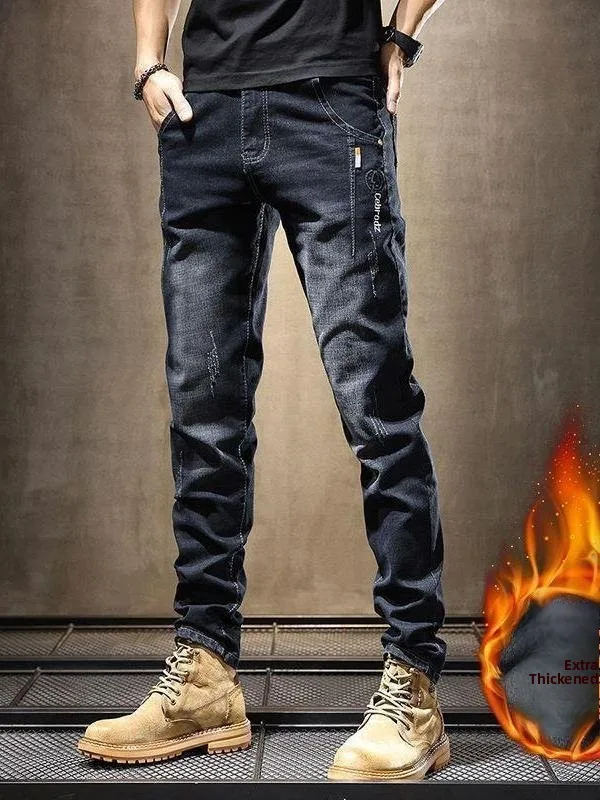 

Thiened Fce Lined Men's Jeans Casual Slim Fit Straight Leg Stretchy Winter Warm Leisure Long Pants Bla mid Waist
