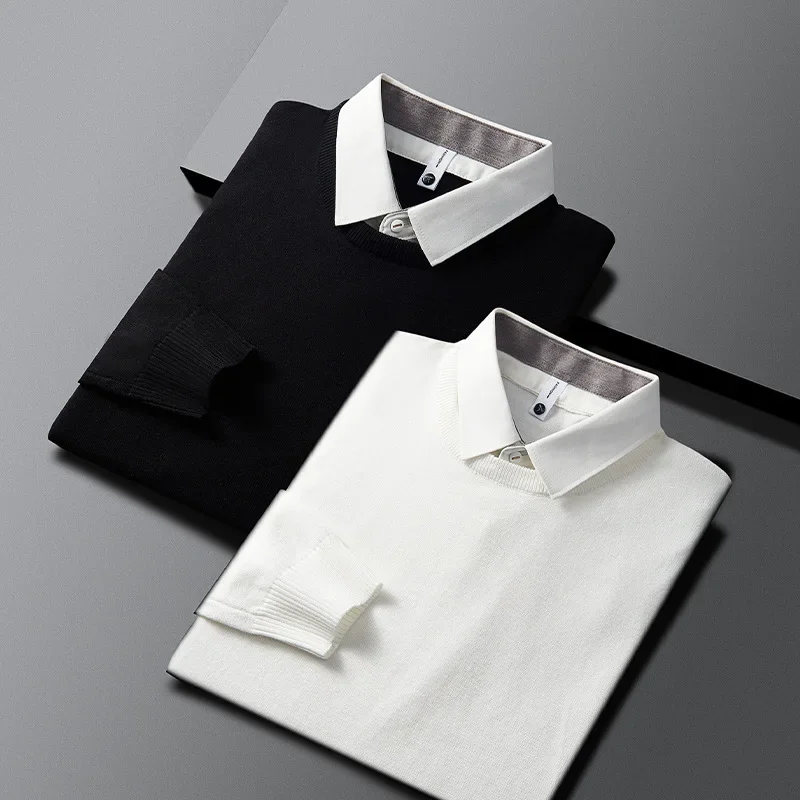 メンズフェイクセーター,2枚,トップボトム,ブラックシャツ,襟,秋冬,ニット