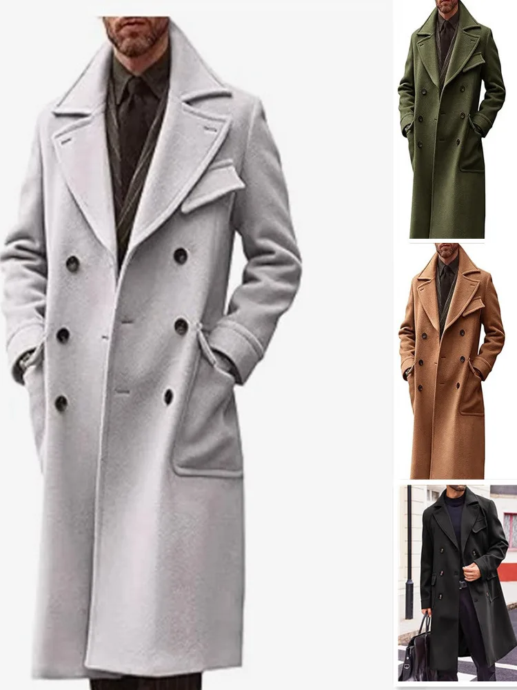 

Мужское утепленное шерстяное пальто-тренч двубортное, длинное, повседневное, молодежное, с отложным воротником и карманами