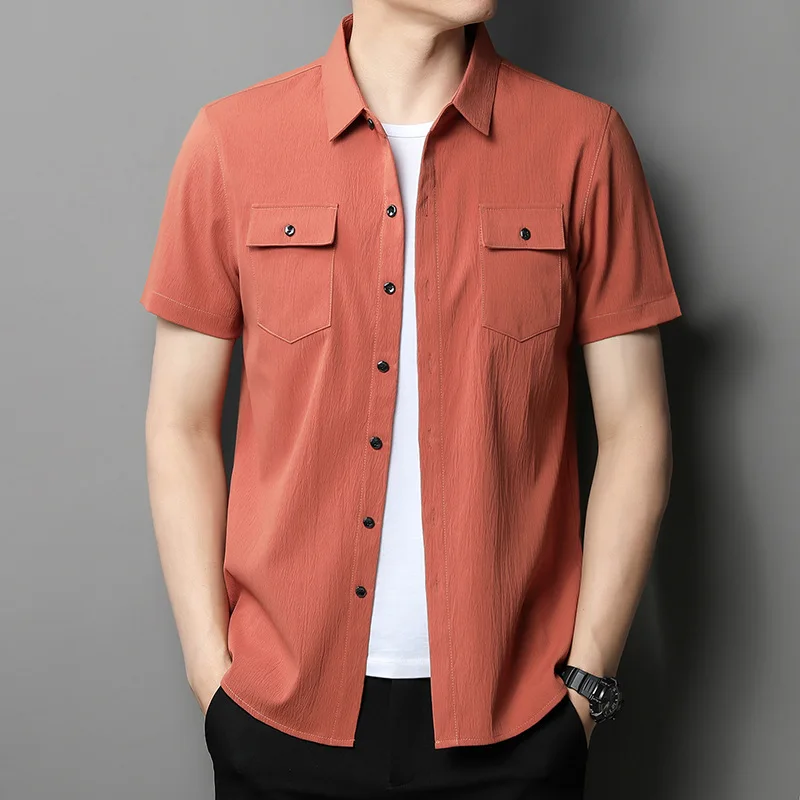 2023 Summer Men\'s Polo Solid Color Cardigan Button Pocket Workwear Short Sleeve T-shirt Fashion Formal Loose Casual Shirt Tops