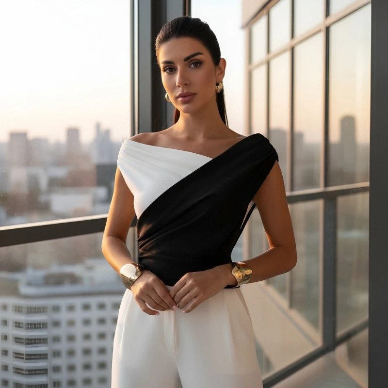 New Designer Woman Clothing Slanted Shoulder Summer Sleeveless Blouse Fashion Color Matching Slim Fit Pleated Shirt T-shirt Top