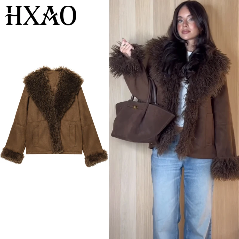 

HXAO Women's Jacket Leather Brown Jackets Demi-Season 2025 Chic Anorak Faux Fur Neck Coat Fashion Warmth Long Sleeve Outerwears