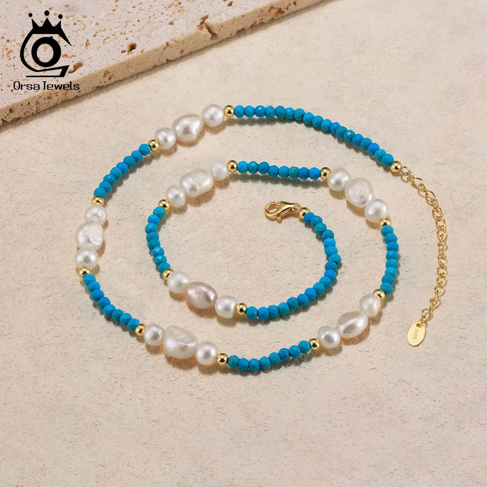 ORSA JEWELS Natural Turquoise Choker Necklace with Handmade Natural Baroque Pearl Tiny Chain for Women Vintage Jewelry MPN03