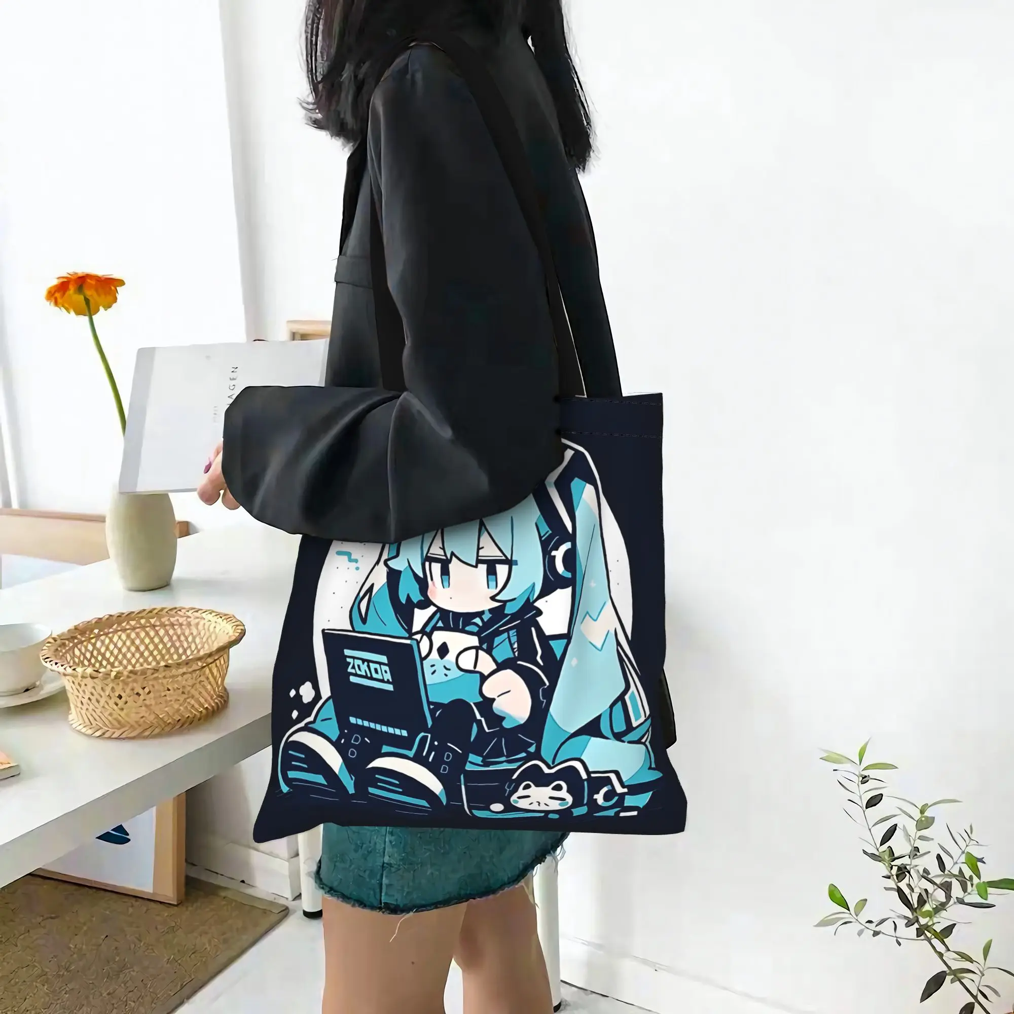Customized Hatsune Miku Cartoon Singer Women's Bag Shopping Bag Reusable Double Sided Canvas Tote Bag Shoulder  Handbag
