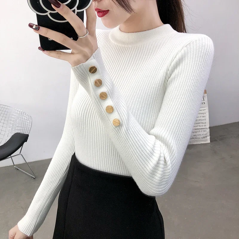 2024 Fashion Winter Pullover Autumn Knitted Sweater Women Long Sleeve O-Neck Sexy Slim Office Lady Button Casual Sweaters Tops