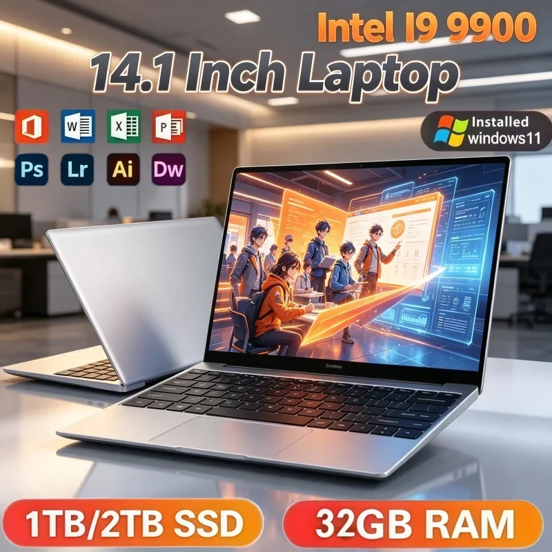 Intel Core i9‑9900 CPU 14.1 Inch 2026 New Laptop Windows 11 32GB RAM 2TB SSD Slim Portable Notebook For Office Study Home Gaming
