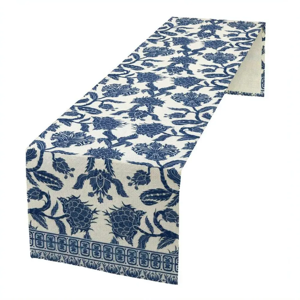 Abstract Floral Linen Table Runner Blue Ceramic Design Tablecloth For Kitchen Dining Room Home Party Decoration