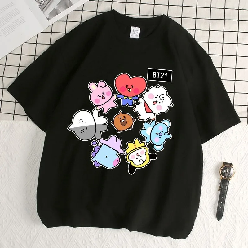 Аниме BT21 футболки с героями мультфильмов BTS периферийные удобные футболки с принтом для отдыха летние милые черно-белые топы унисекс