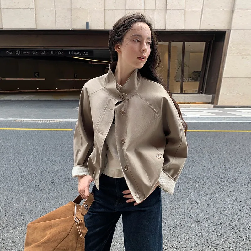 

Осень 2023, новинка 202, свободный корейский топ, повседневная куртка с воротником-стойкой и короткими рукавами, ветровка, пальто для женщин