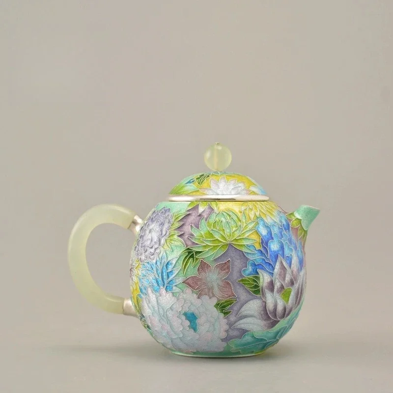Qibao Burning Wanhua Brocade Silver Pot Twilight Purple Bubble Teapot, Sterling Silver 999 Pure Handmade Enamel Color Silver