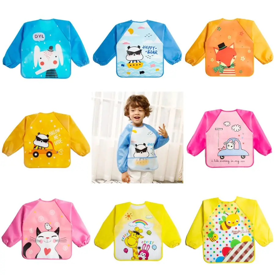 Cute Colorful Baby Bibs Cartoon Waterproof Bib Infant Eating Children Drawing Long Sleeve Pocket Apron Self Feeding Baby 0-3Y