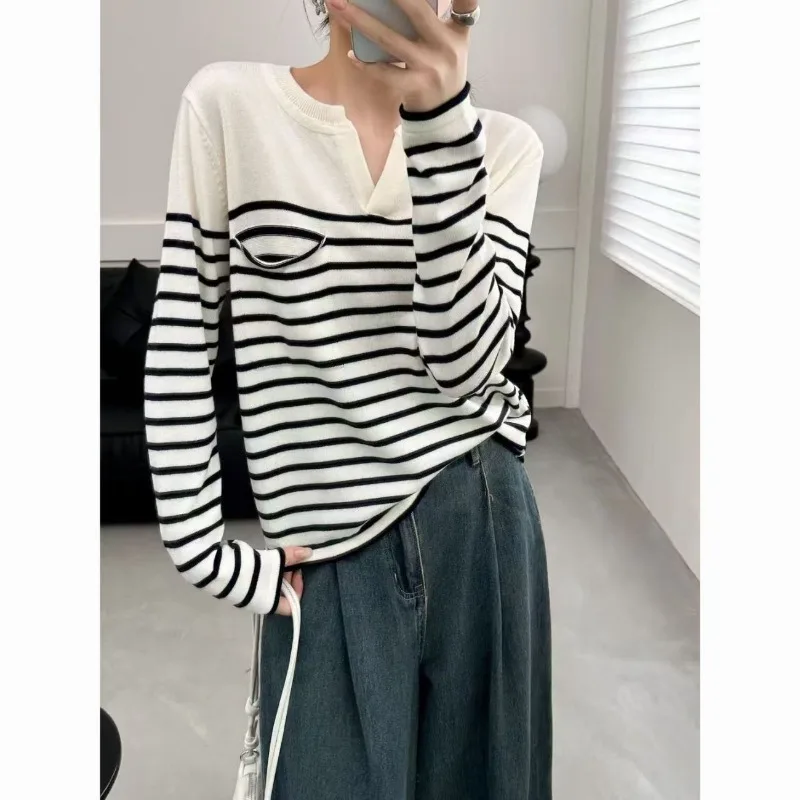 Casual Women Autumn Black White Striped Knitted Top V Neck Long Sleeve Slim Fit Versatile Daily Sweater