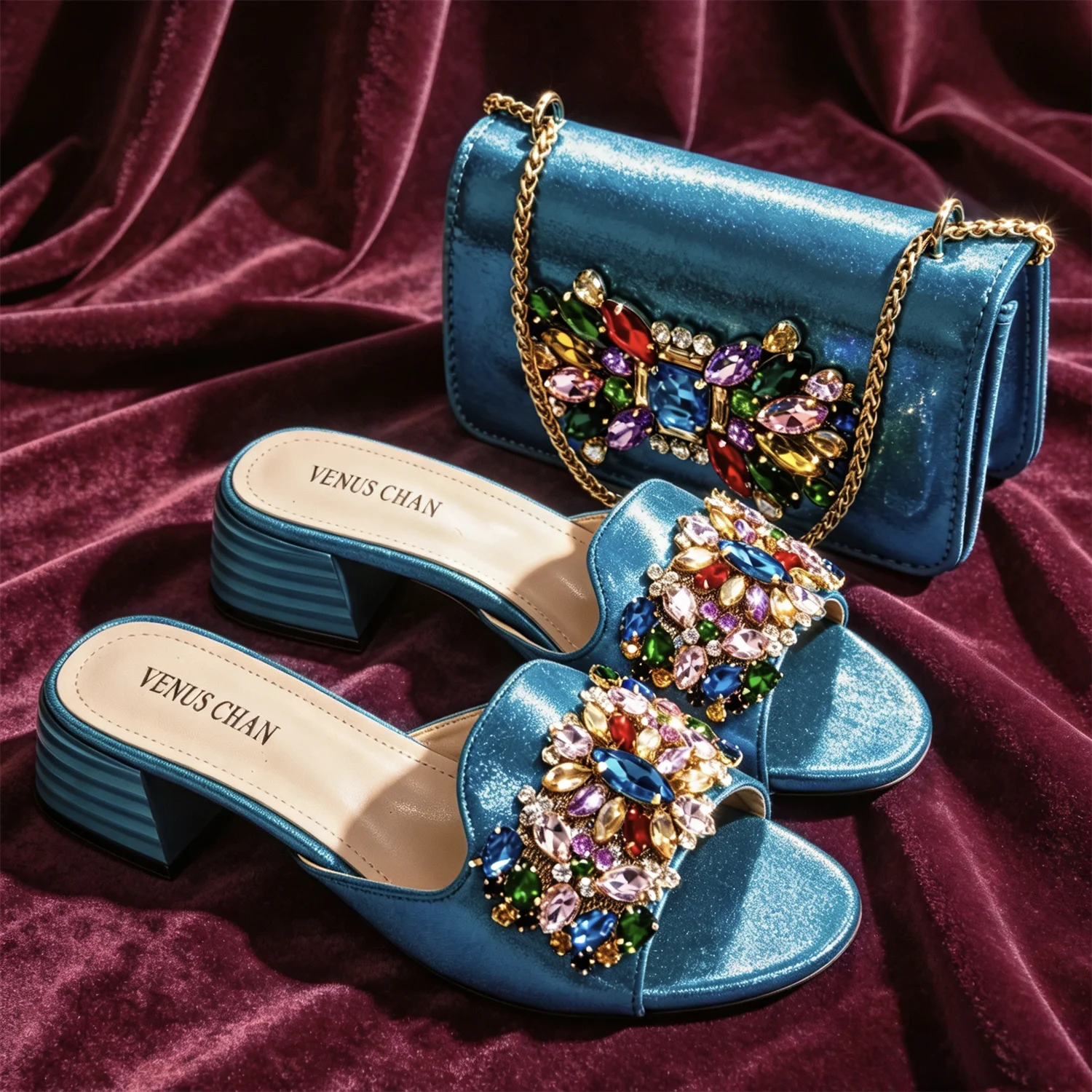 VENUS CHAN Women Colorful Rhinestone Embellished Satin Mules & Handbag Set for Wedding Party Evening Events
