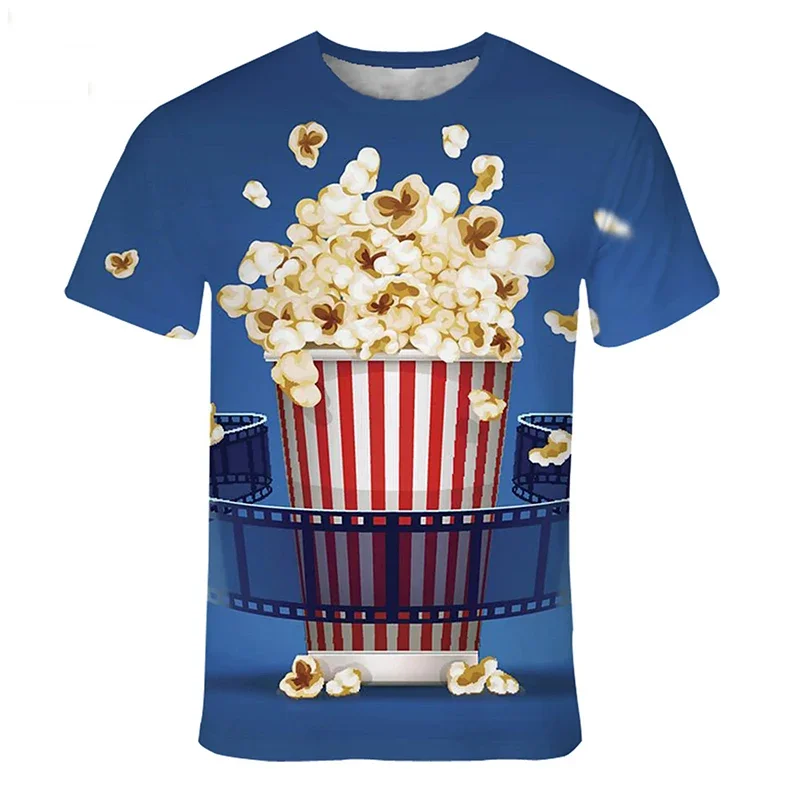 Men\'s Fashionable Gourmet Popcorn Print T-Shirt Trendy Digital round Neck Short Sleeve Casual Top