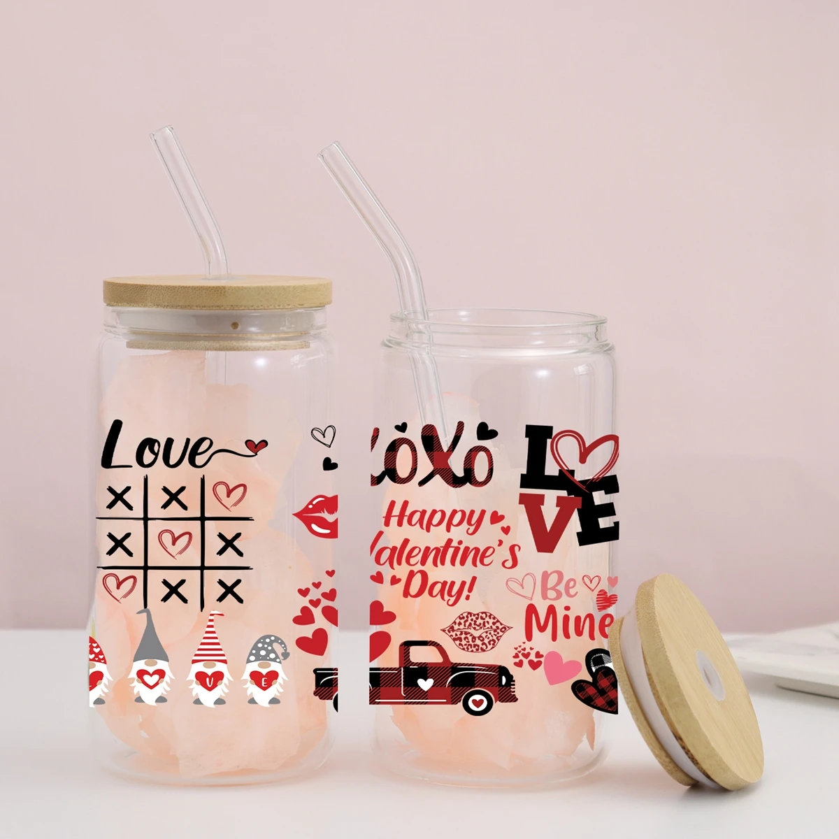 1pc Happy Valentine's Day 3d Printed 16oz Sublimation High Borosilicate Glass Coffee Cup With Lid&Straw Valentine's Day Gift