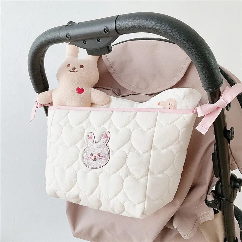 Bolsa de algodón con bordado de oso para mamá, organizador con cremallera para pañales de bebé recién nacido, bolsas de almacenamiento para cochecito de viaje