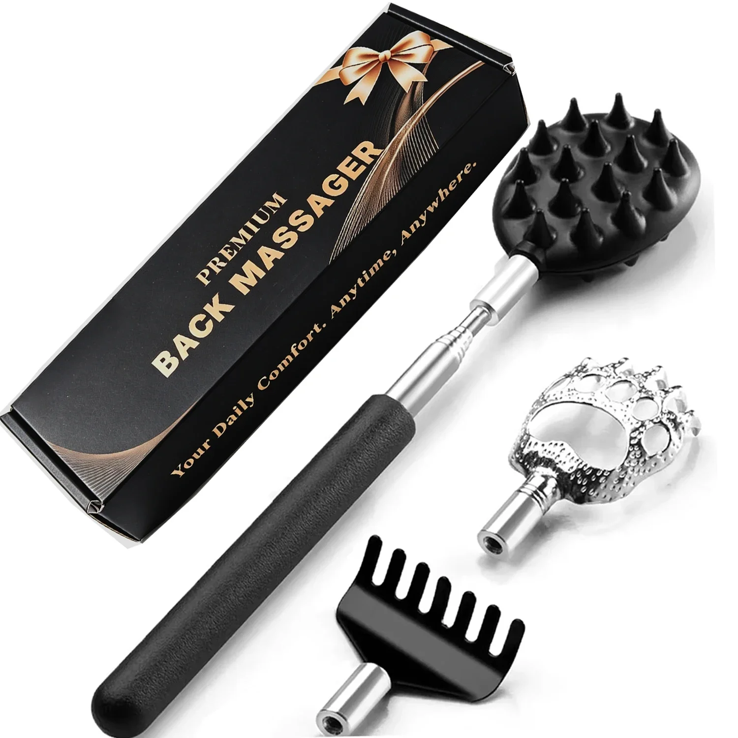 Telescoping Back Scratcher 3 Detachable Heads,Gift for Men & Women Adjustable Length for Hard-to-Reach Areas Ideal for Birthdays