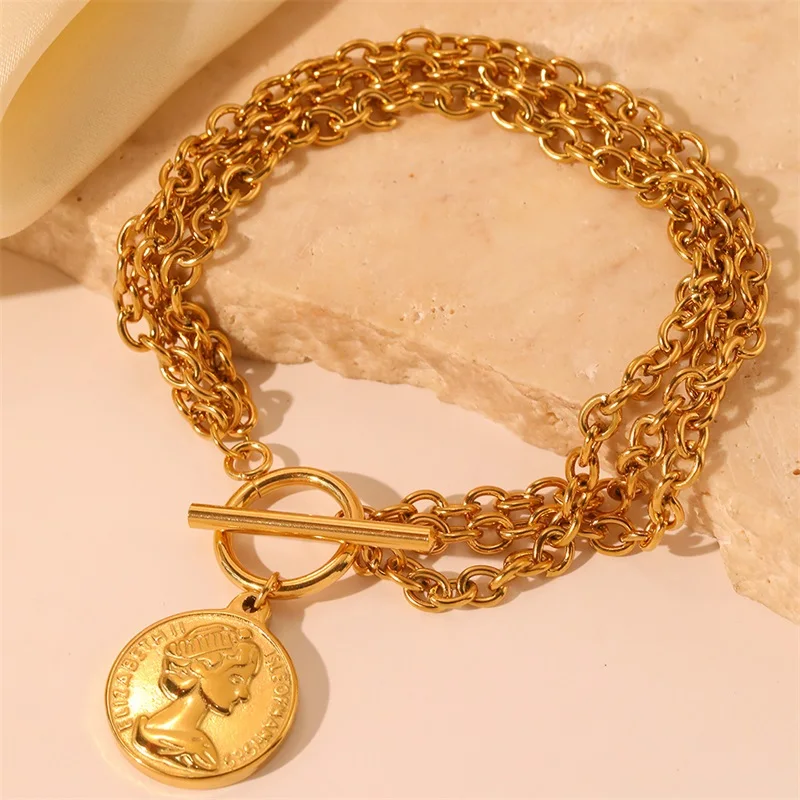 EILIECK 316L Stainless Steel Gold Color Portrait Coin Charm Bracelet Trendy Wrist Chain Jewelry For Women Girl Holiday Gifts