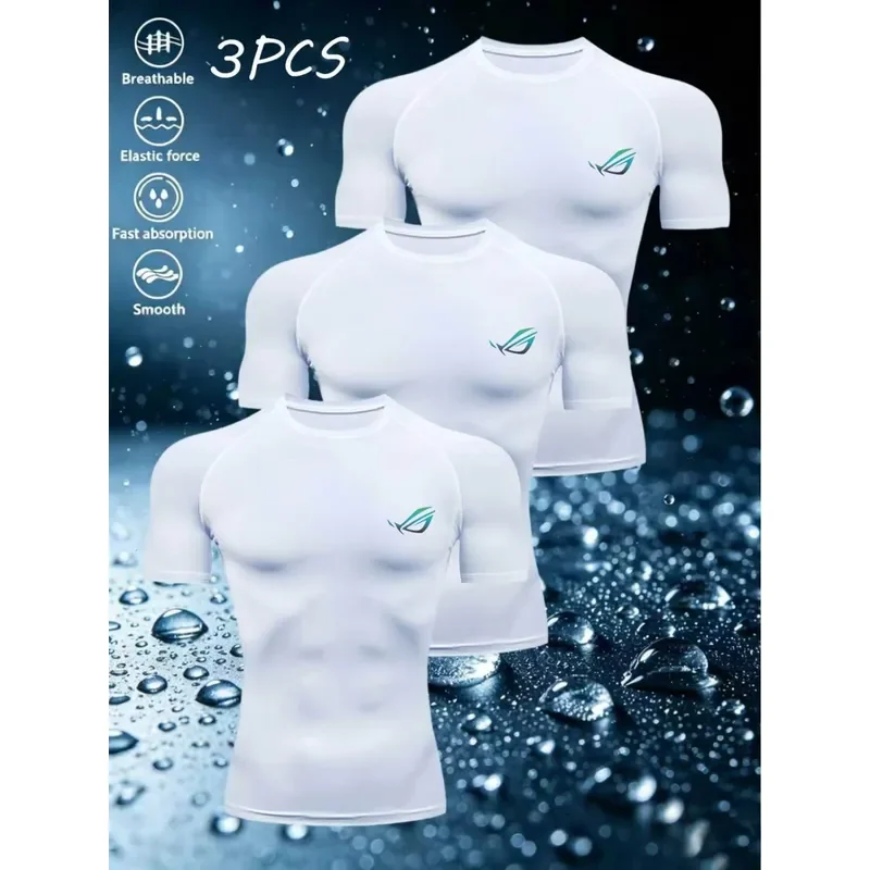 3-Pack Men's High-Elastic Quick-Dry Breathable Compression Fitness Shirt with Chest Print Crew Neck Design Ideal for