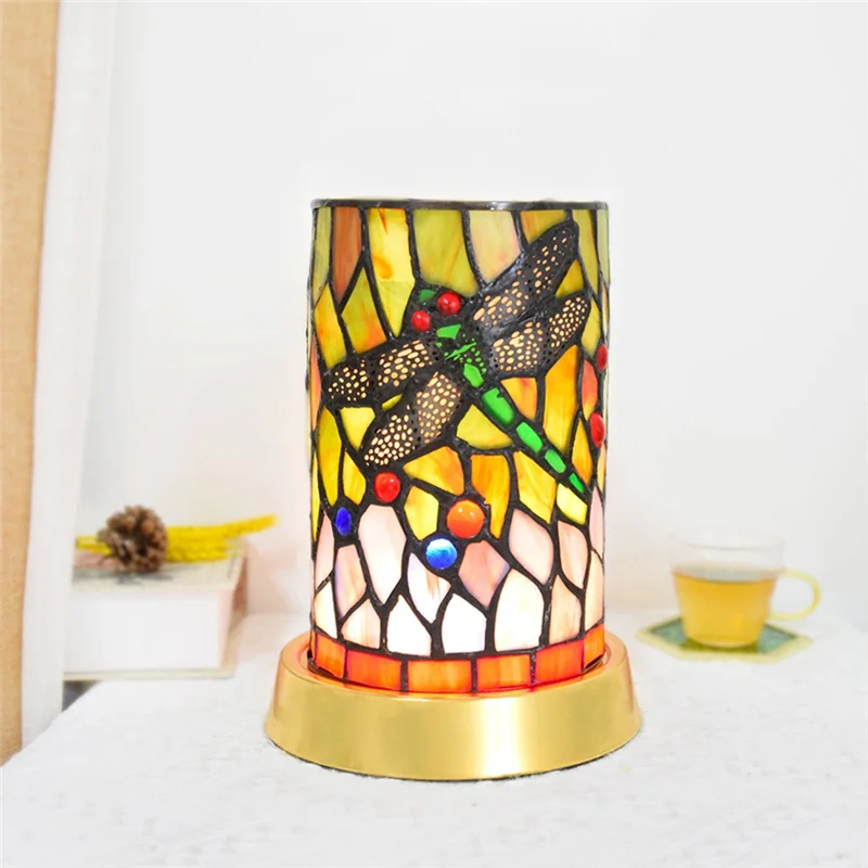 A76K American Country LED Glass Decorative Table Lamp Stained Glass USB Three-Tone Night Light