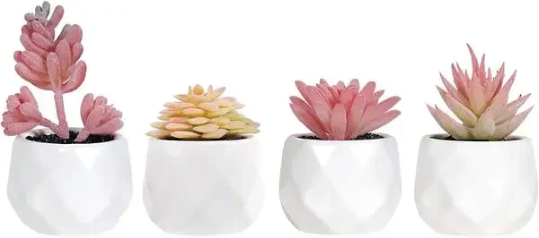 

Artificial Faux Succulents in Pots, Pink Fake Plants Ceramic Arrangement Planter for Women Desk Small