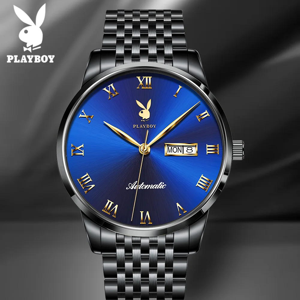 PLAYBOY Simple Waterproof Man Watch Business Dual Calendar Auto Date Male Watches Classic Automatic Mechanical Men\'s Wrist Watch