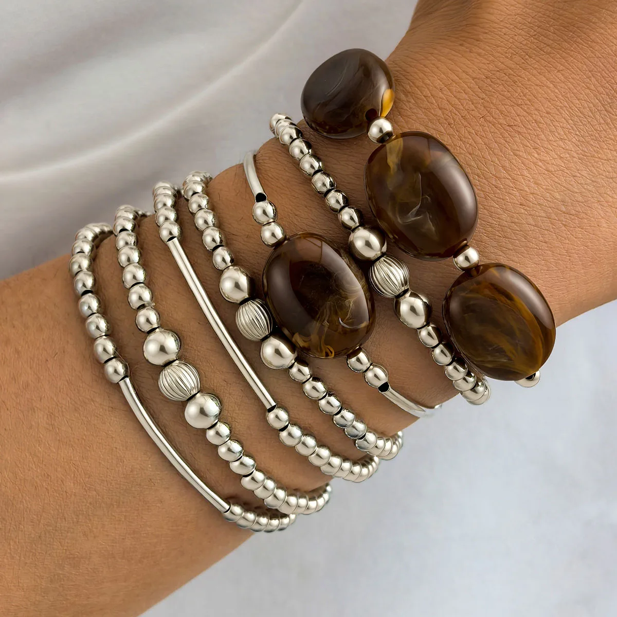 7Pcs Bohemian Fire Agate Multi Layer Bracelet Silver Ball Chain Open Design Stackable Cuff Boho Chic Women Fashion Jewelry Gifts