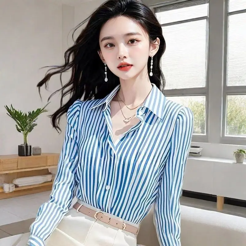 

Голубая полосатая рубашка с длинными рукавами, Женская уникальная и красивая маленькая рубашка высокого качества во французском стиле, Топ