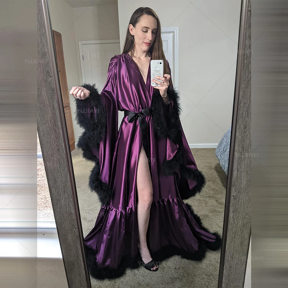 Luxury Women Robe Flare Sleeves Feather Bridal Robe Silk Satin Boudoir Lingerie Sleepwear Maternity Wedding Party Dressing Gown