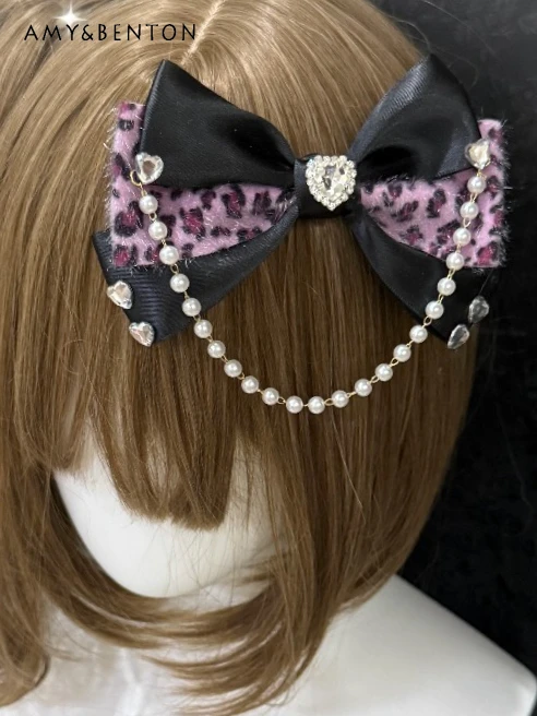 

Original Mars Red Leopard Print Gyaru Heavy Industry Gorgeous Lace Subculture Hairpin Goth Pearl Chain Splicing Color Hair Clip