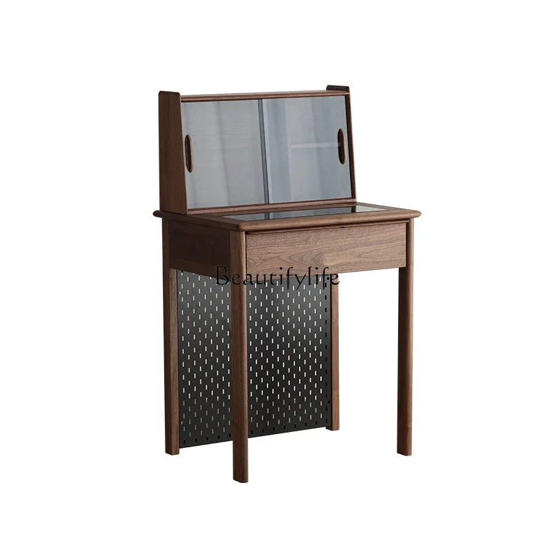 

FG44Nordic Black Walnut Wooden Dressing Table Solid Wood Light Luxury Makeup Table Desk Integrated