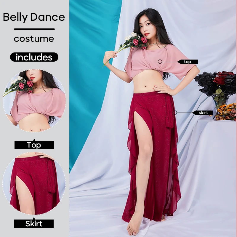 Belly Dance Practice Clothes Top and Split Skirt 2 Pieces Set For Adult Women Stage Performance Personal Sexy Dancing Outfit