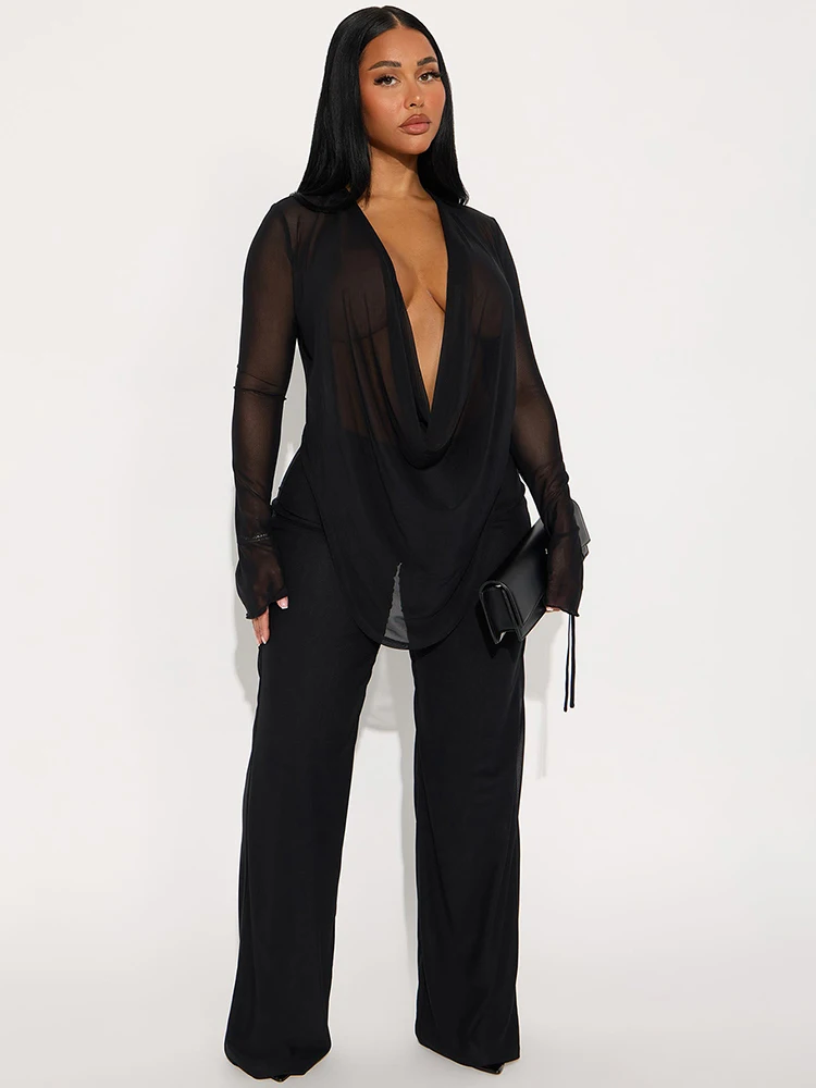 Ensemble 2 pièces transparent pour femmes, Coquette Sexy, manches longues, col pivotant, t-shirts + pantalon droit, Simple, assorti, Clubwear